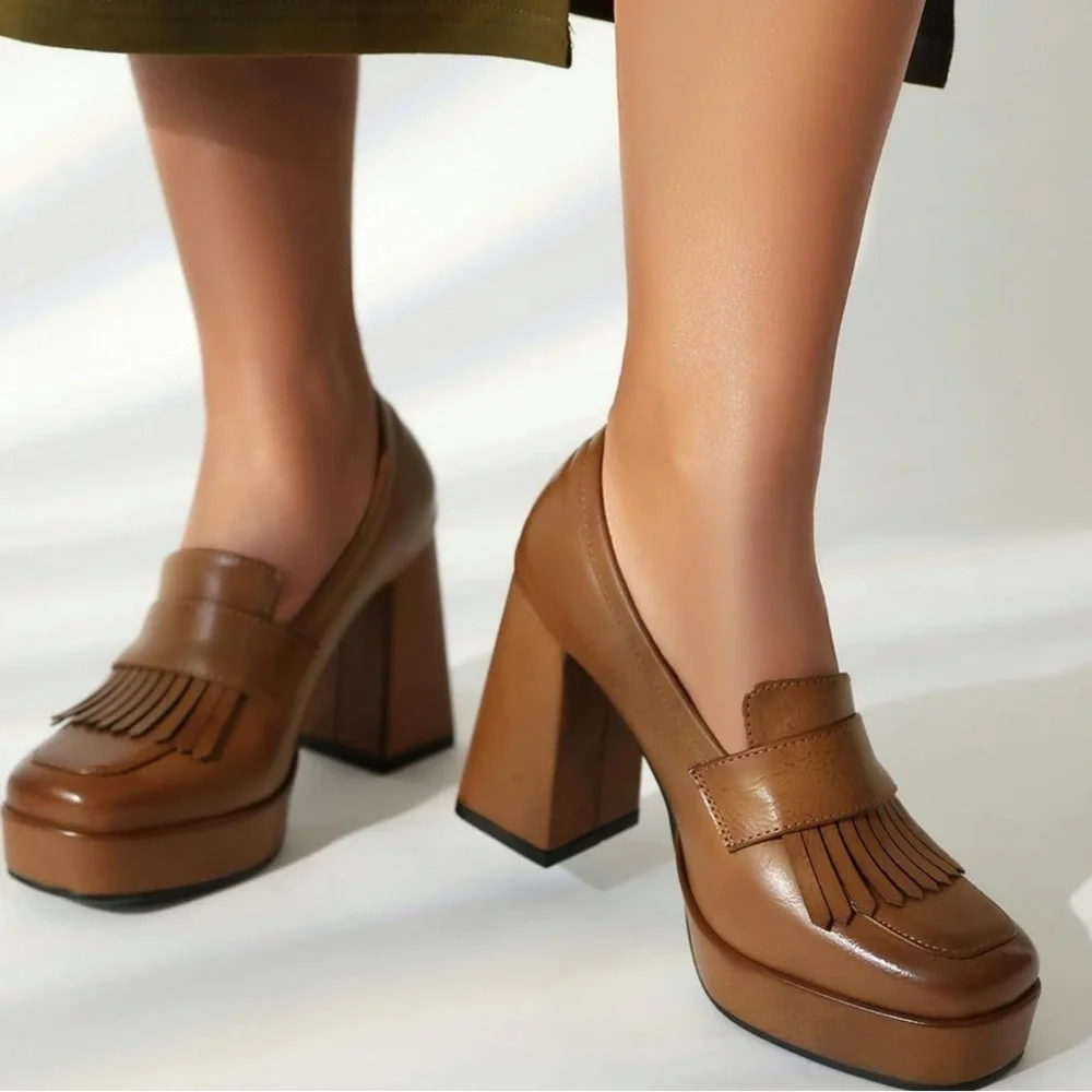 Also Love U Platform Square Toe Chunky High Heel Tassel Khaki Tan Loafers Sz 36